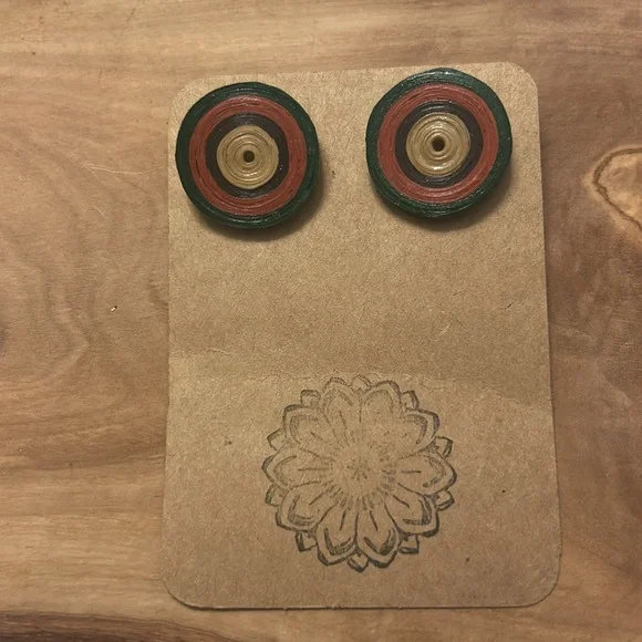 Earrings Handcrafted Round Multicolor Wooden Earrings, New - Picture 2 of 4